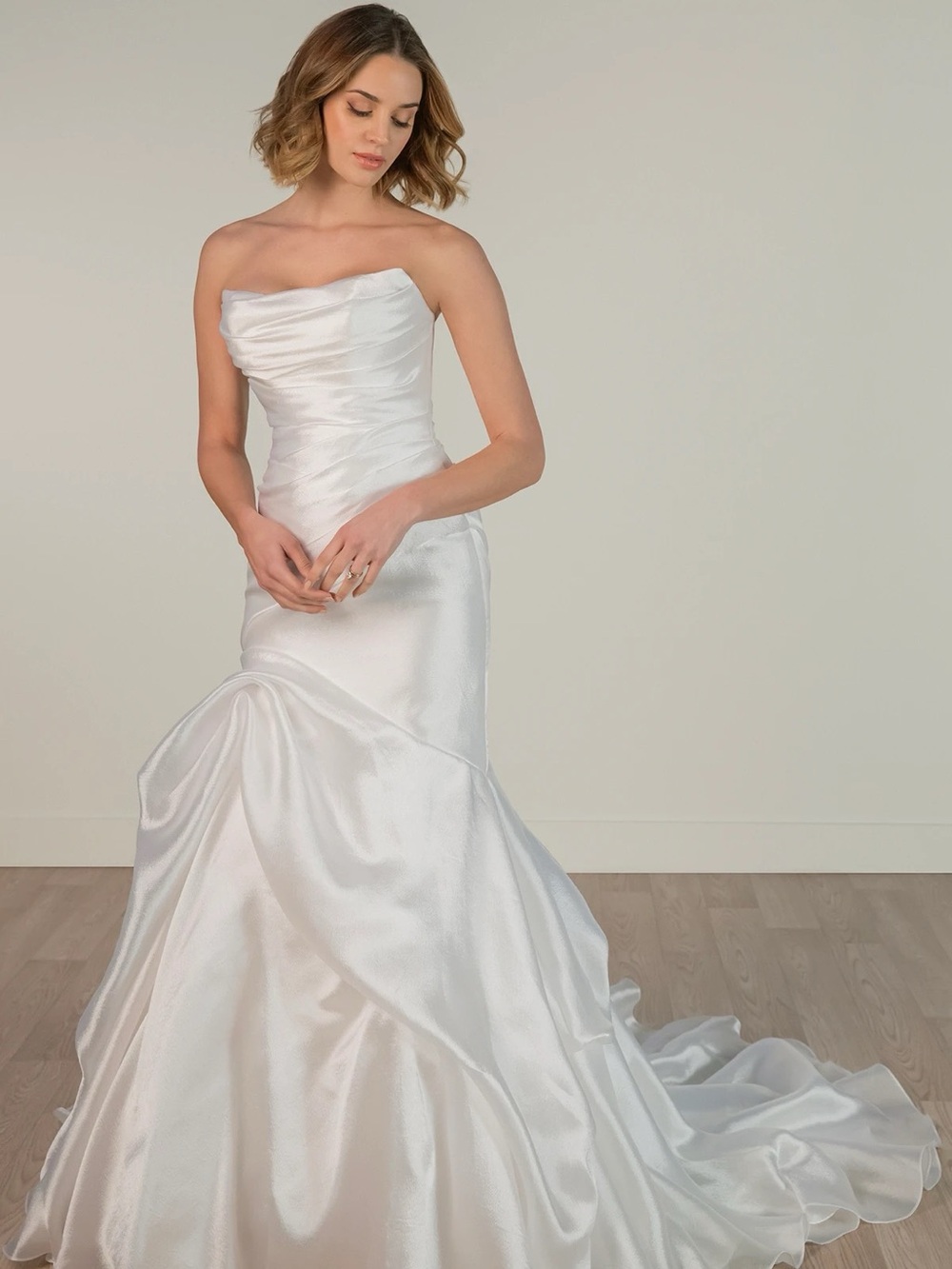 STELLA YORK RUCHED FIT-AND-FLARE WEDDING DRESS WITH CAT-EYE NECKLINE